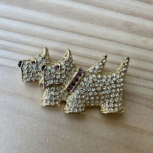 VTG Napier 2 Scotty Dogs Brooch Pin 2" Pave Clear Pink Crystals Gold Plated Sign